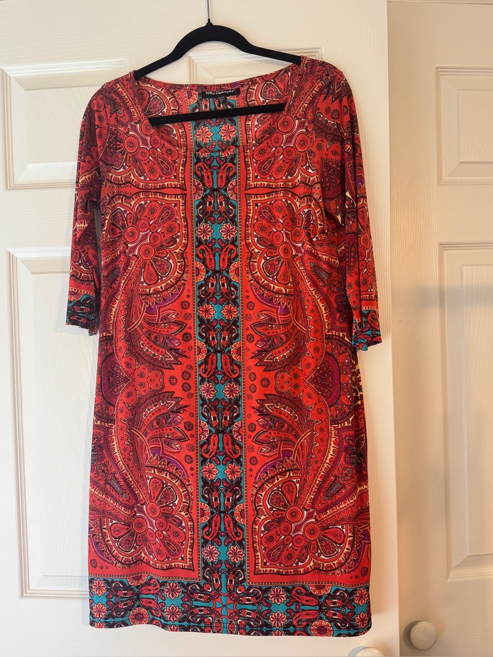 Mlle Gabrielle Red Paisley Midi Shift Dress with Teal Accents